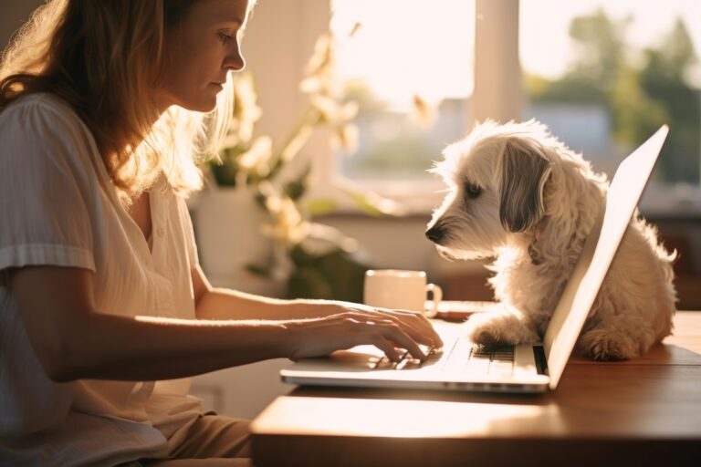 Woman working from home on her laptop with a white do laying on her desk watching her.