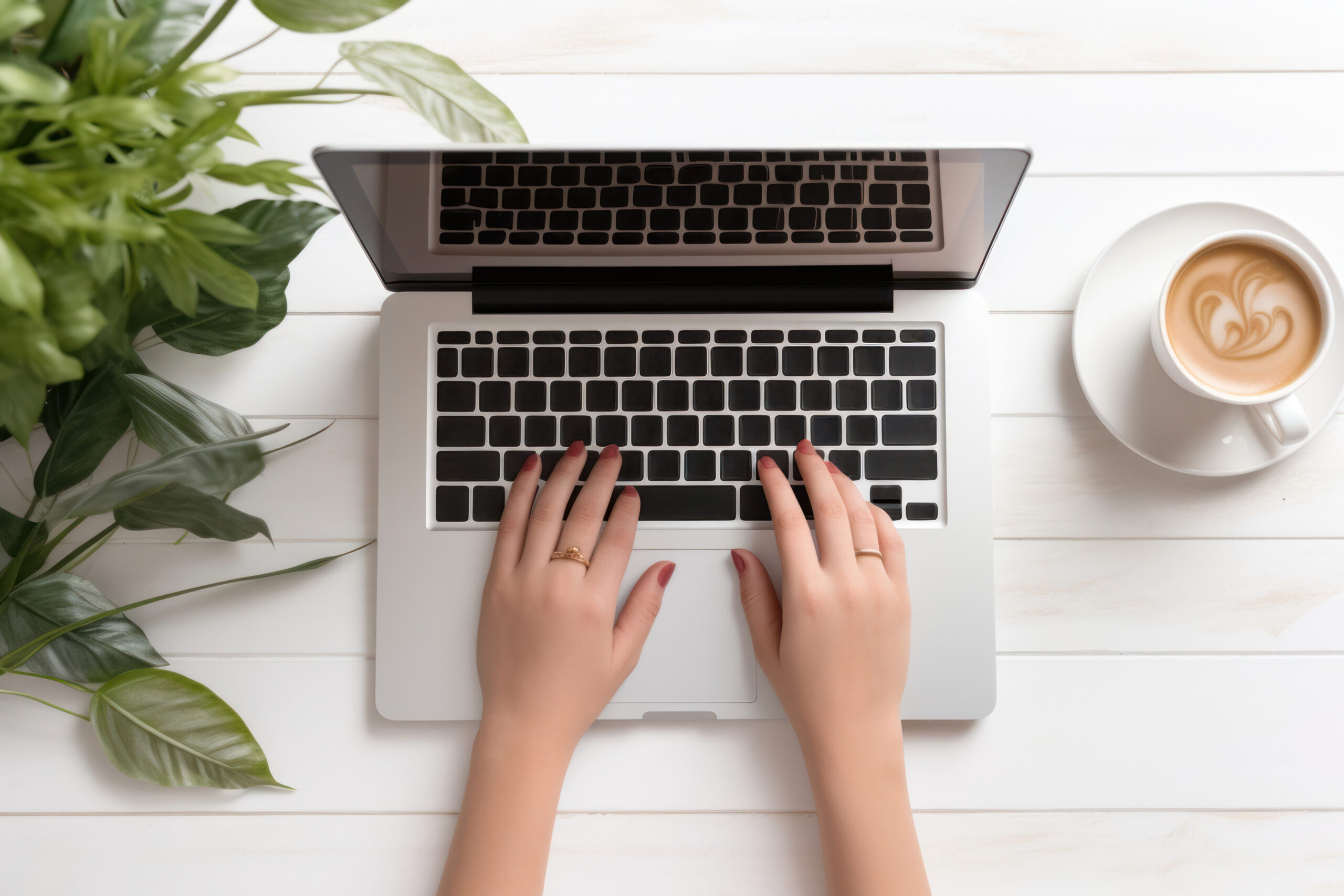 ariel shot of a hands on a lap top computer on a white table with a latte and green house plant